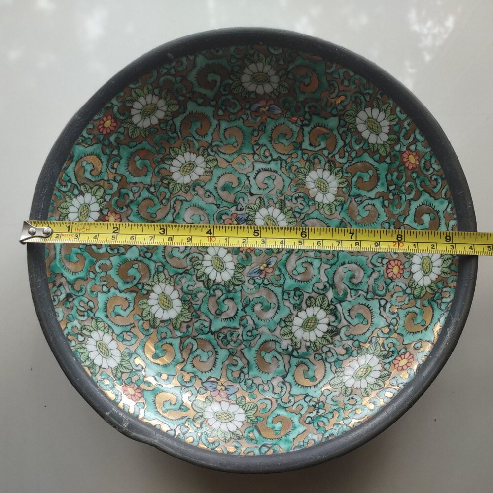 VTG Japanese Porcelain Metal Ware Encased Decorative Multi Colored Bowl 9.5" Dia - Picture 7 of 11